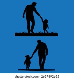 dad holding toddlers hand black vector silhouette