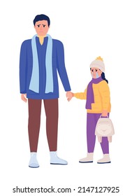 Dad holding weeping daughter hand semi flat color vector characters. Depressed figures. Full body people on white. Simple cartoon style illustration for web graphic design and animation