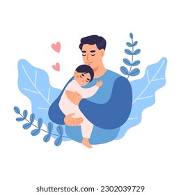 Dad holds his baby with care and love. Concept of fatherhood and family. Flat vector illustration.