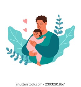 Papá sostiene a su bebé con cuidado y amor. Concepto de paternidad y familia. Ilustración vectorial plana.