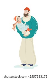 Dad holds his daughter in his arms. A happy family during the holiday season. Vector modern illustration in pastel colors with accent green and orange.