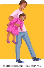 Dad holds his daughter in his arms. Vector illustration. Ideal for a poster, postcard or banner.