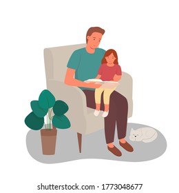 Dad holds his daughter on his lap and reads a book. Father and child spend time together. Cute flat vector illustration.
