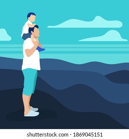 Dad holds his little son on his shoulders on top of mountain against mountain ranges and sky. Flat vector illustration. The concept of fatherhood. 