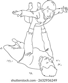 Dad holds his son in his arms. The child spread his arms like an airplane. Vector illustration. Black and white sketch.