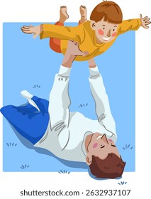 Dad holds his son in his arms. The child spread his arms like an airplane. Vector illustration.