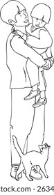 Dad holds his son in his arms. Cat at his feet. Vector illustration. Black and white sketch.