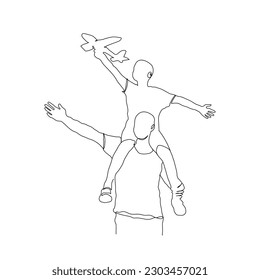 Dad holds son his neck they launch a plane continuous line drawing. father and son line art vector. Father's Day line art. Fatherhood concept