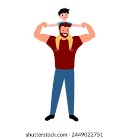 Dad holds son on his shoulders. Happy Father's day greeting card. Cartoon character