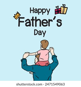 Dad holds son on his shoulders. Happy Father's day greeting card. Childhood Happiness. Cartoon character