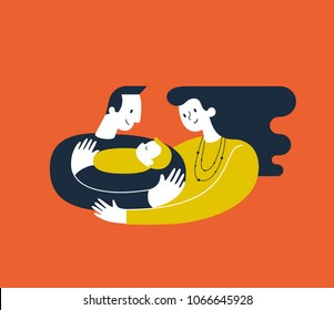 Dad Hugging And Cuddling Baby Boy Or Girl And Nursing Him. Mum Hugging Dad And Son. Parents Embracing Newborn And Expressing Love And Care. Modern Vector Illustration Logo Symbol For Banner Or Website