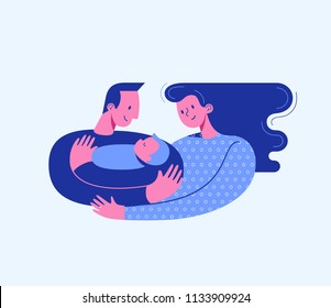 Dad hugging and cuddling baby boy or girl and nursing him. Mum hugging dad and son. Parents embracing newborn and expressing love and care. Modern vector illustration logo symbol for banner, website.