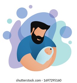 Dad hugging and cuddling with his baby, cute image of fatherhood.  Modern vector in flat style. father gently holding his newborn baby, parenthood concept. Super Dad Super Hero