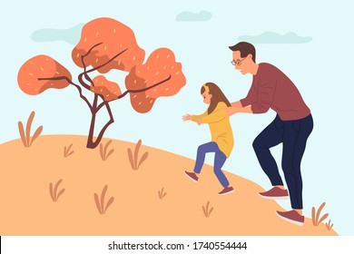 Dad hugging his daughter back from behind to climb over the hill flat vector illustration. Happy father's day concept