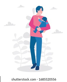 Dad hugging hiss child boy or girl . Daddy and baby, Vector illustration for web banner, infographics, mobile, expressing love little daughter son  and care. dad and child. 