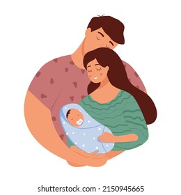 A dad hugging a mom holding their newborn son in her arms. Vector illustration