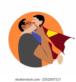 Dad hugging son in superhero costume. Happy Father's day greeting card. Cartoon character