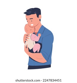 Dad huggung his baby. Cheerful father hugging newborn baby expressing love and care cartoon vector illustration