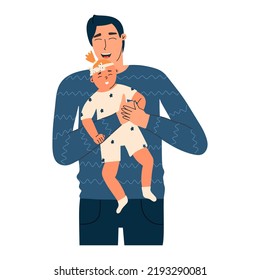 Dad hugs baby flat style. Fatherly feelings concept. Vector illustration