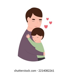 Dad hugs his little son. Father's day. Cartoon vector illustration.