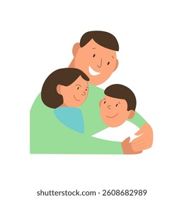 Dad hugs kids. For poster, card, banner, discount, special offer, cover, menu, advertising. Vector illustration EPS10 
