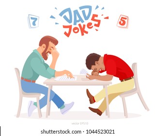 Dad jokes battle. Two adult men at the table tries to make each other laugh. Bearded white male hides his chortle under a facepalm, black man almost dies of laughter. Original logo of funny challenge.