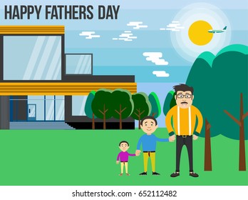 Dad keeps son by the hand. Dad and lots of children. A man with a mustache wearing glasses.The father is standing with his children near his house. Happy Fathers Day. father with kid.