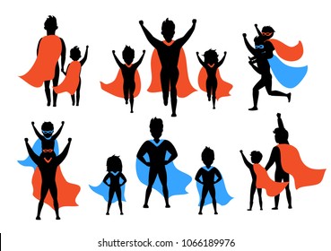  dad and kids, boy and girl playing superheroes silhouettes set