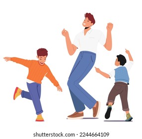 Dad and Kids Characters Fun Sparetime, Leisure, Rejoice Together. Happy Family Celebrate Home Party. Parent with Children Dance Isolated on White Background. Cartoon People Vector Illustration