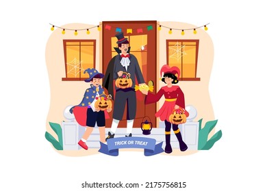 Dad and kids are doing trick or treat and having fun on Halloween. Halloween Illustration concept.