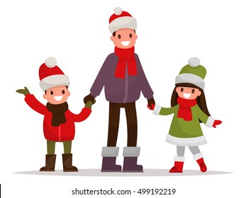 Dad with kids dressed in winter clothes outdoor. Vector illustration of a flat design