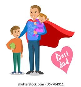 Dad and kids. Father-superhero with his children, Father's Day. Vector illustration