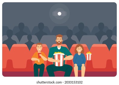 Dad with Kids in Movie Theater. Young Father, Daughter and Son Enjoying Film in Cinema. Happy Family Characters Eating Pop Corn and Drink Cola. People Weekend Entertaining. Cartoon Vector Illustration