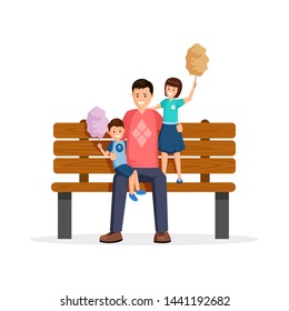 Dad and kids in park flat vector illustration. Young man and little children sitting on bench cartoon characters. Cheerful single father and happy little son and daughter eating cotton candy outdoors