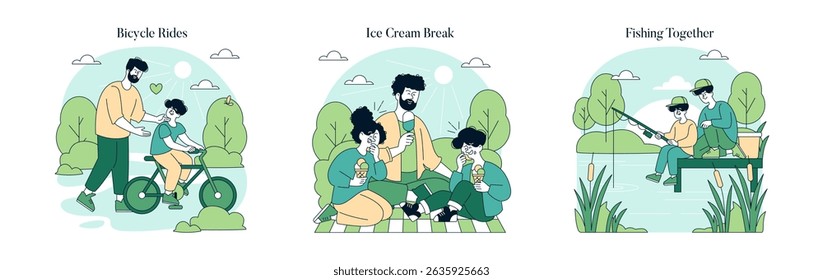 Dad and the kids set. Family sharing outdoor activities together. Riding bikes in the park, enjoying ice cream on a picnic, and fishing by the lake on a sunny day. Vector illustration.