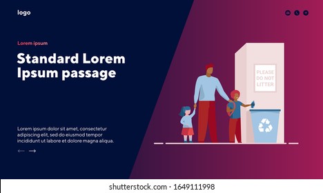 Dad with kids throwing litter in recycling bin. Parent with children tossing garbage flat vector illustration. Ecology, recycling family concept for banner, website design or landing web page