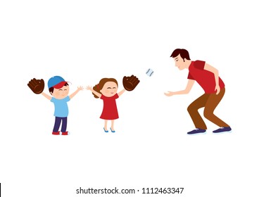 Dad and kids vector illustration. Daddy with children. Fathers Day illustration. Father with son and daughter. Father and children cartoon character. Kids playing baseball with dad