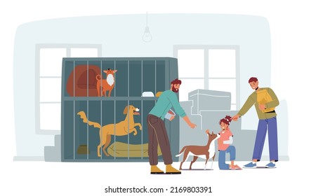 Papa mit Kindern besucht Adoptionszentrum für vereinzelte und obdachlose Tiere. Lächeln jungen Mann mit Kindern Adopting Haustier aus Shelter. Familienfutter Hund in der Nähe von Käfig. Cartoon-Vektorgrafik