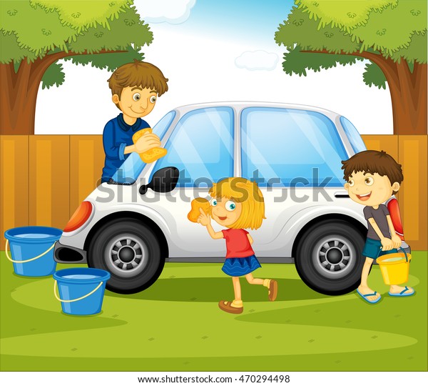 Dad and\
kids washing car in the park\
illustration