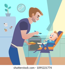 Dad in kitchen feeding child on highchair. Vector cartoon illustration
