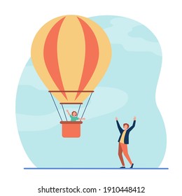 Dad launching hot air balloon with sun in basket. Parent and kid, flight, amusement park. Flat vector illustration. Family, entertainment concept for banner, website design or landing web page