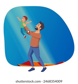 Papá levanta a su hijo en sus brazos. Arte conceptual para el Día del Padre. Ilustración vectorial plana en estilo de dibujos animados.