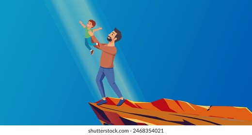 Papá levanta a su hijo en sus brazos. Arte conceptual para el Día del Padre. Ilustración vectorial plana en estilo de dibujos animados.