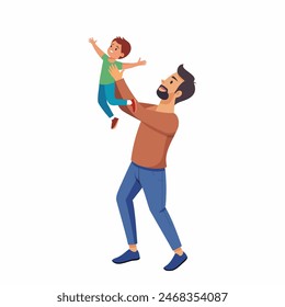 Papá levanta a su hijo en sus brazos. Arte conceptual para el Día del Padre. Ilustración vectorial plana en estilo de dibujos animados.