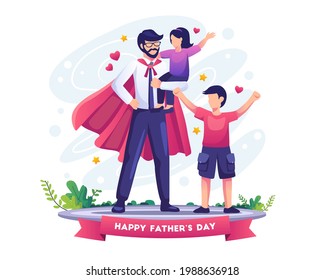 Dad is like a superhero to his kids on father's day. Flat vector illustration