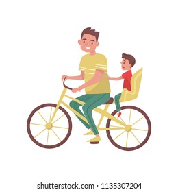 Dad with little boy riding on bicycle. Happy family. Father spending time with his son. Outdoor activity. Flat vector design