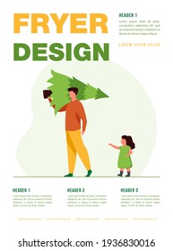 Dad and little daughter carrying fir tree. Family preparing for celebrating Christmas. Flat vector illustration. Xmas tree, winter holiday concept for banner, website design or landing web page