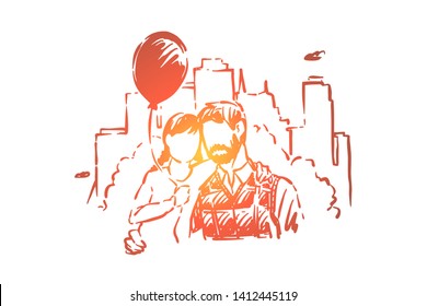 Dad and little daughter hugging, happy fatherhood, child holding balloon, bonding, parent with kid outdoor