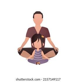 Dad and little daughter are sitting in the lotus position. Isolated. Cartoon style. Vector illustration