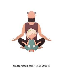 Dad and little daughter are sitting meditating in the lotus position. Isolated. Cartoon style. Vector illustration